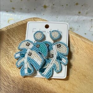 Blue White and Cream Beaded Monsterra Leaf Drop Earrings Stud